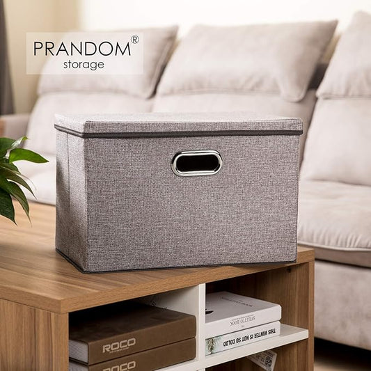 PRANDOM Large Foldable Storage Bin with Lid [1-Pack] Linen Fabric Decorative Storage Box Organizer Containers Basket Cube wit
