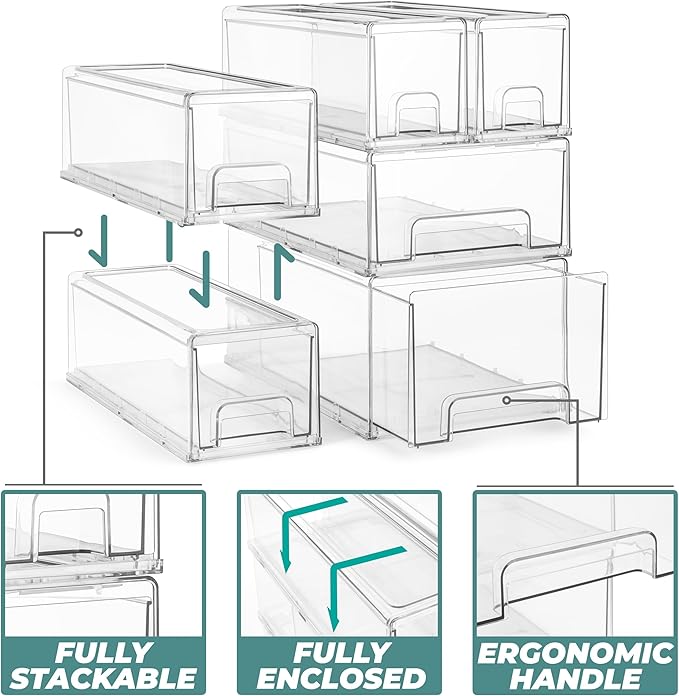 Sorbus Small Clear Stackable Storage Drawers – 4-Pack Plastic Organizer Bins with Handles – Stackable Pull-Out Storage Drawer