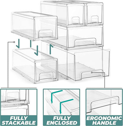 Sorbus Small Clear Stackable Storage Drawers – 4-Pack Plastic Organizer Bins with Handles – Stackable Pull-Out Storage Drawer