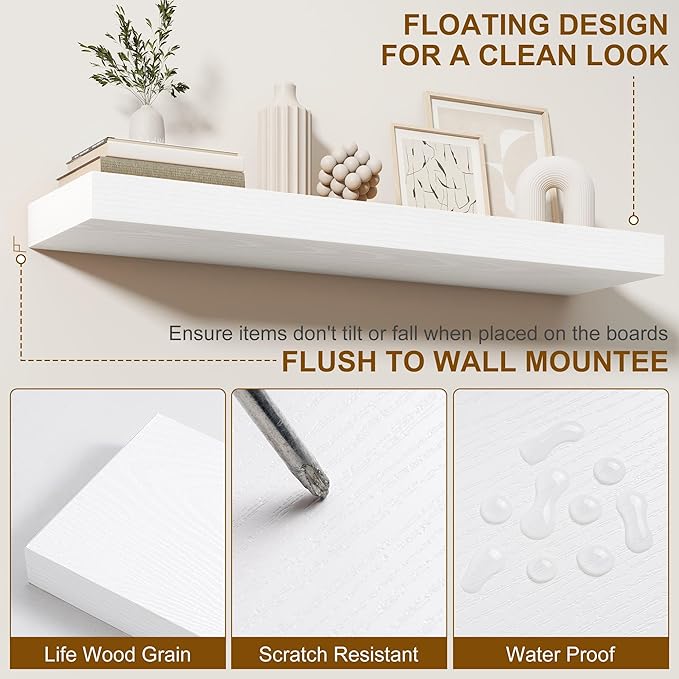Fun Memories Floating Shelves for Wall, 55Inch Floating Shelves Set of 2, Hanging Shelf with Invisible Brackets, Wood Shelves