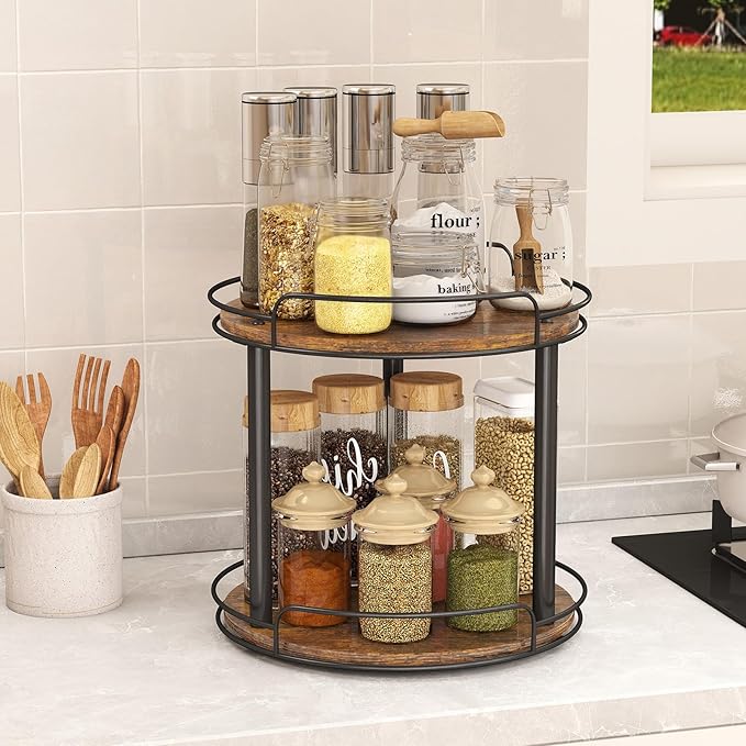LAMU 12.2'' Wood Lazy Susan Turntable Organizer for Cabinet, 2 Tier Lazy Susan Spice Rack Organizer for Kitchen, Table Top, C