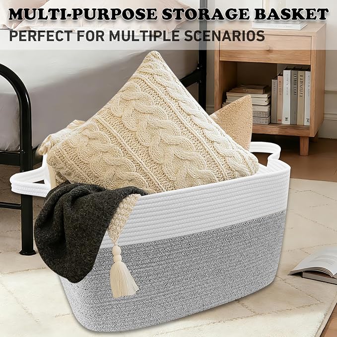 96L Large Blanket Basket,24"x16"x15"Rectangle Storage Bin with Handles,Woven Rope Laundry Basket for Toys, Clothes,Magazines,