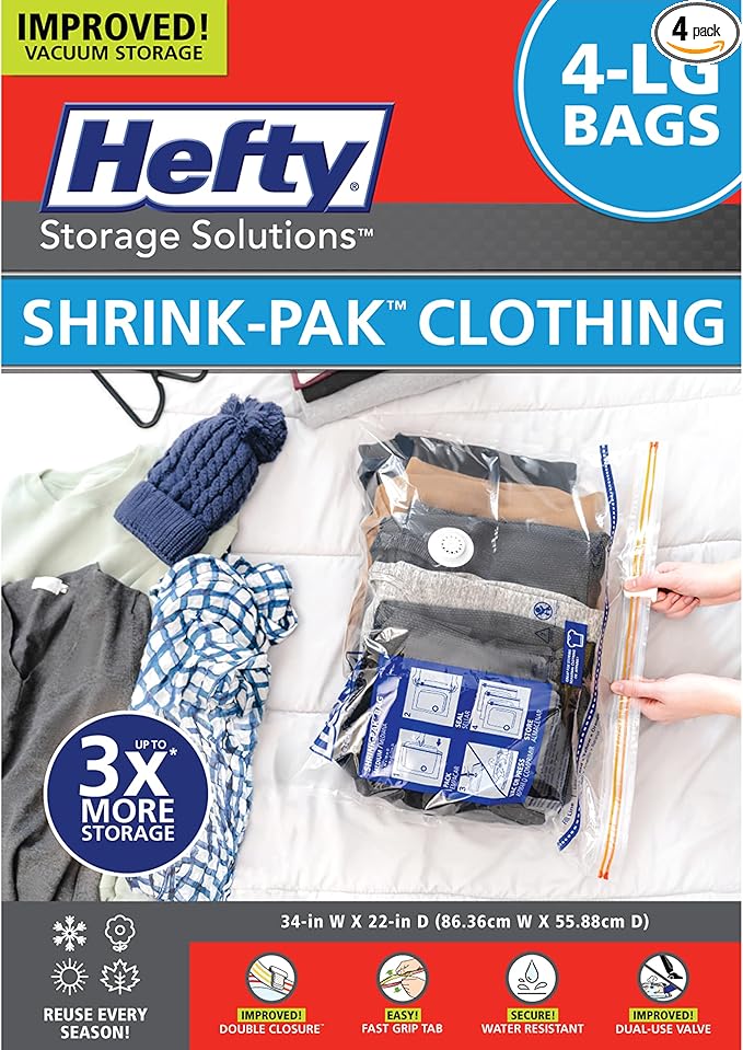 Hefty Shrink-Pak - 4 Large Vacuum Storage Bags for Clothes, Pillows, Towels, or Blankets - Space Saver Vacuum Sealer Bags Ide