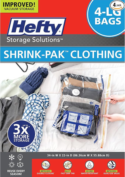Hefty Shrink-Pak - 4 Large Vacuum Storage Bags for Clothes, Pillows, Towels, or Blankets - Space Saver Vacuum Sealer Bags Ide