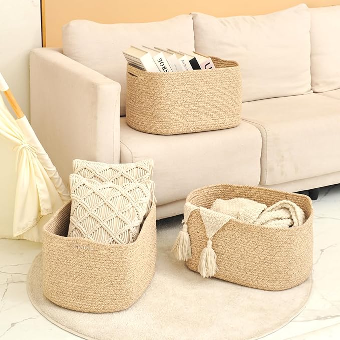 ICERZCZ Large Storage Baskets for Organizing Shelves, Woven Cotton Rope Bins for Baby Nursery Organization, Book Toy Towel Or
