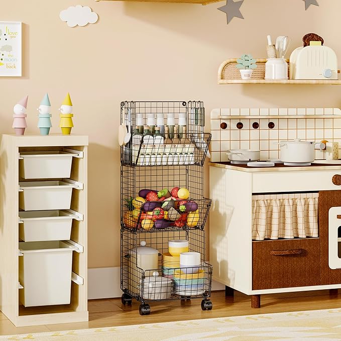 Sonyabecca Outdoor Toy Storage Basket, Play Kitchen Organizer with 5 S-Hooks,3 Tier Rolling Storage Cart Garage, Pantry Floor