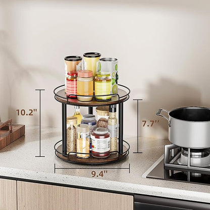 LAMU 9.1'' Wood Lazy Susan Turntable Organizer for Cabinet, 2 Tier Lazy Susan Spice Rack Organizer for Kitchen, Table Top, Co