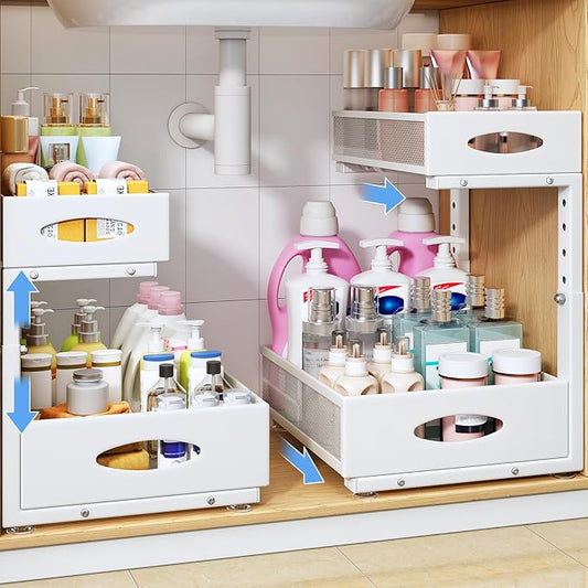 Under Sink Organizer, 2 Tier Pull Out Under Cabinet Organizer Shelf with Pad for Framed Cabinets, Metal Slide Out Under Sink 