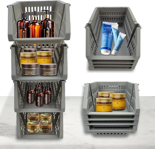 TidyFriend Small Plastic Stackable Storage Bins for Pantry,4 Pack Open Front Storage Bins,Toy Organizers, Kitchen, Bathroom E