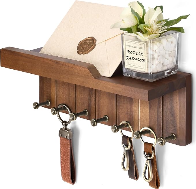 Rebee Vision Farmhouse Key Holder Wall Mount - Decorative Mail Organizer with 7 Key Hooks and Wall Shelf - Rustic Home Decor 