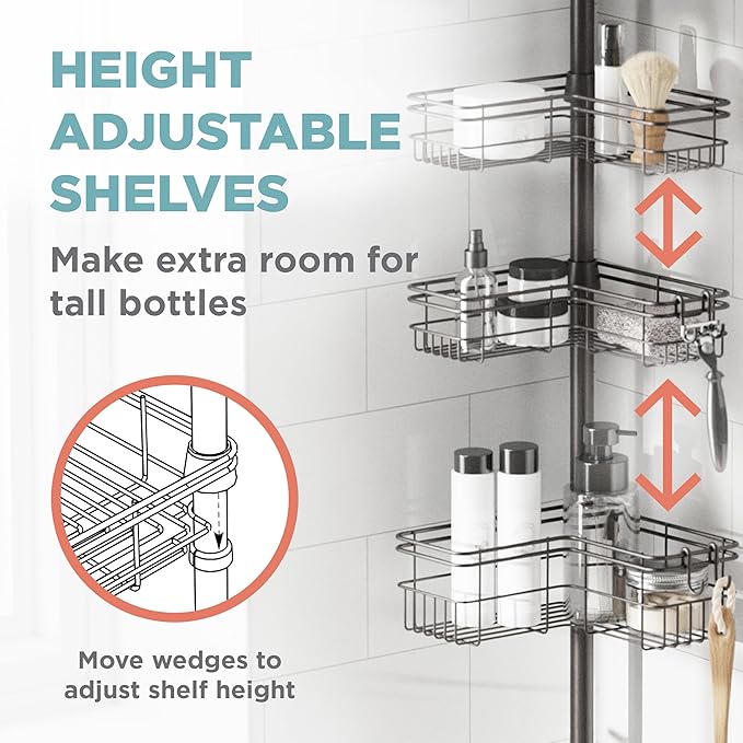 Zenna Home Tension Pole Shower Caddy Corner Organizer, Adjustable Standing Shower Caddy with 4 L-shaped Baskets and Hooks, Ru