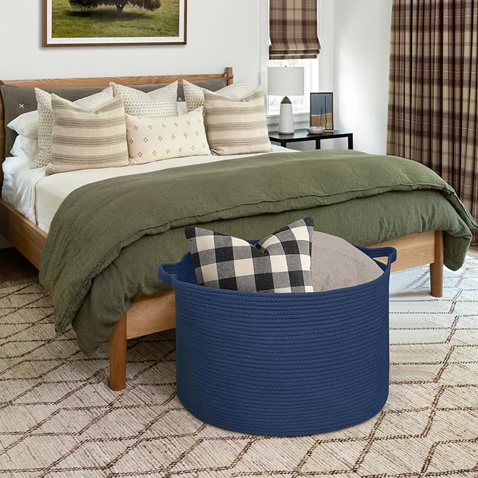 MEGASKET 115L Dark Blue Basket for Organizing, 23.6" x 15.7" XXXL Woven Cotton Rope Laundry Basket, Oversized Blanket Storage