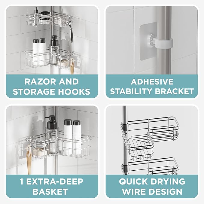 Zenna Home Tension Pole Shower Caddy Corner Organizer, Adjustable Standing Shower Caddy with 4 L-shaped Baskets and Hooks, Ru