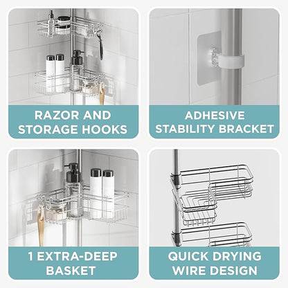 Zenna Home Tension Pole Shower Caddy Corner Organizer, Adjustable Standing Shower Caddy with 4 L-shaped Baskets and Hooks, Ru