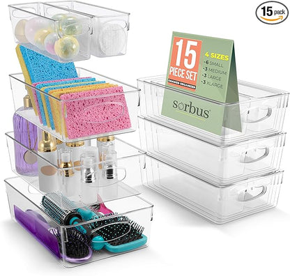 Sorbus Clear Plastic Storage Bins for Organizing, 15 Pack Clear Organizer Bins with Handles, Plastic Storage Bins for Closet,