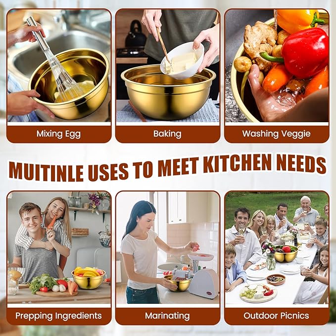 Teenyyou Gold Mixing Bowls with Airtight Lids Stainless Steel Mixing Bowl Set of 5, 4 Metal Nesting Organizers 4 in 1 Colander Non-slip Bottom Size 1.5, 2.0, 2.5, 4.0 Qt for Baking Serving Food