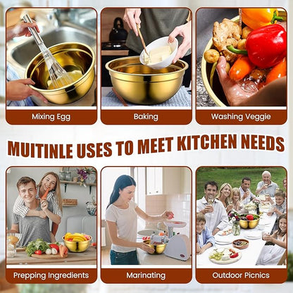 Teenyyou Gold Mixing Bowls with Airtight Lids Stainless Steel Mixing Bowl Set of 5, 4 Metal Nesting Organizers 4 in 1 Colander Non-slip Bottom Size 1.5, 2.0, 2.5, 4.0 Qt for Baking Serving Food