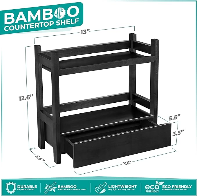 Sorbus Bamboo Bathroom Counter Organizer – 2-Tier Shelf with Hidden Drawer for Vanity, Matcha Station, Bathroom Sink Organize