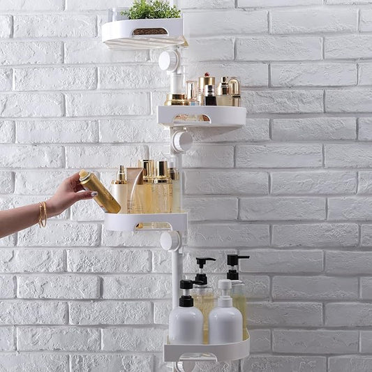 4-Tier Corner Shower Caddy Tension Pole Organizer - Adjustable Rustproof Metal Tension Pole, Plastic Shelves with Safety Guar