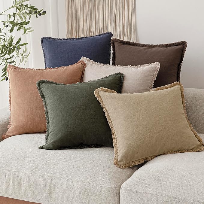 Foindtower Set of 2 Decorative Linen Fringe Throw Pillow Covers Boho Farmhouse Cushion Cover with Tassels Soft Accent Pillowc