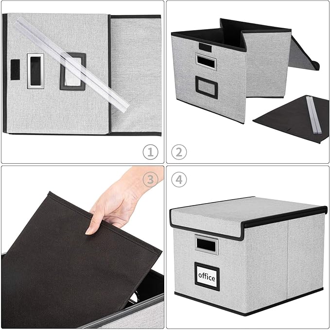Huolewa Portable File Organizer Boxes Set of 4, Large Linen Hanging Office Document Storage Boxes with Lids, Collapsible Fili