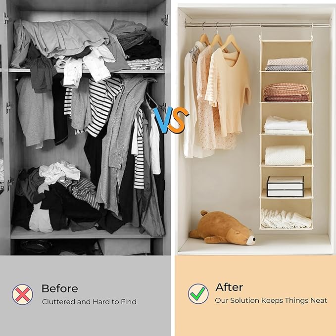 MAX Houser 6 Tier Shelf Hanging Closet Organizer, Closet Hanging Shelf with 2 Sturdy Hooks for Storage, Foldable (Beige-D3)