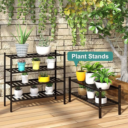 viewcare 4-Tier Black Bamboo Shoe Rack for Entryway, Stackable | Foldable | Natural, Shoe Organizer for Hallway Closet, Free 