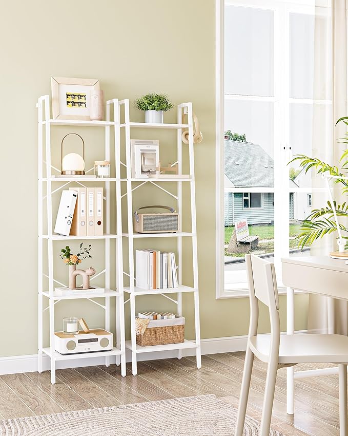 Hzuaneri Ladder Shelf, Bookshelf Bookcase, Freestanding Corner Storage Shelve with 2 Hooks for Home Office, Living Room, Kitc
