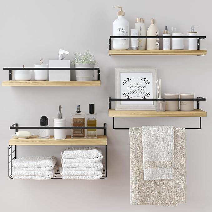 Wood Floating Shelves Wall Mounted - 4+1 Tier Rustic Bathroom Wall Shelves Over Toilet with Wire Storage Basket and Towel Bar