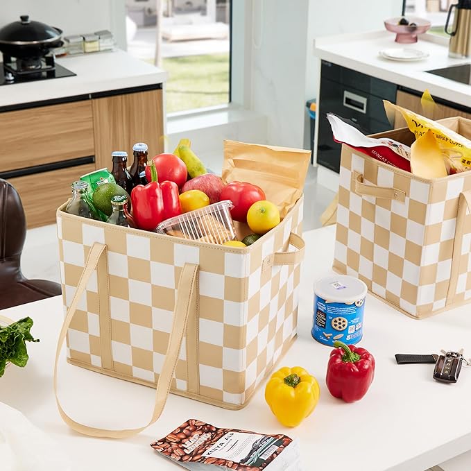 Checkered Reusable Grocery Bags Heavy Duty 3 Pack Foldable Shopping Bags with Handles for Groceries Collapsible Tote
