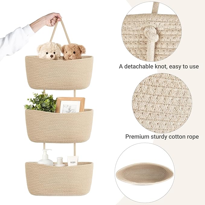 Dahey Over The Door Hanging Basket 3-Tier Woven Boho Wall Mounted Storage Organizer with Hooks for Bedroom Nursery Bathroom A