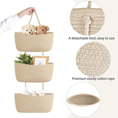 Dahey Over The Door Hanging Basket 3-Tier Woven Boho Wall Mounted Storage Organizer with Hooks for Bedroom Nursery Bathroom A