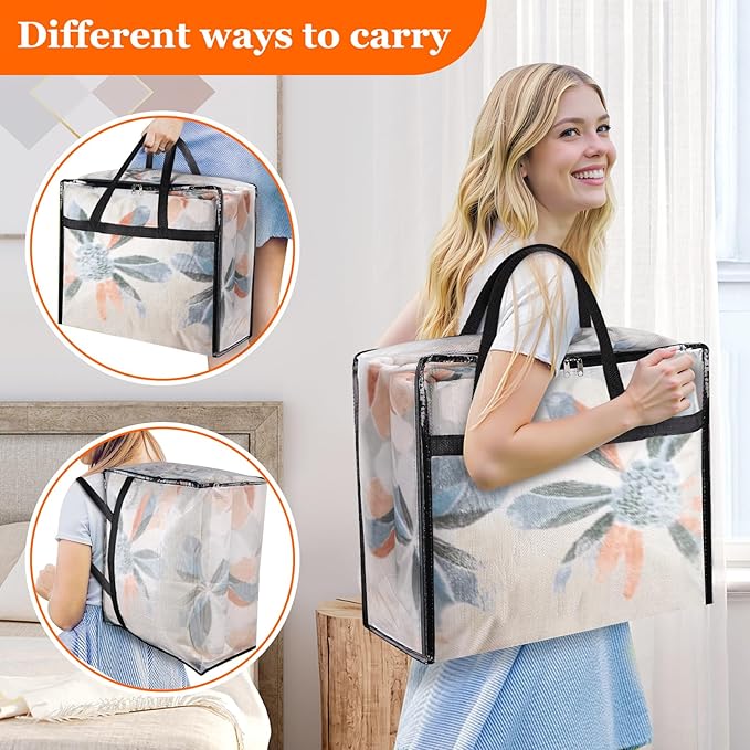 TasticTotes 6 Pack Clear Storage Bags for Comforter, Clothes & Bedding, Plastic Blanket Storage with Zipper and Handle, Movin