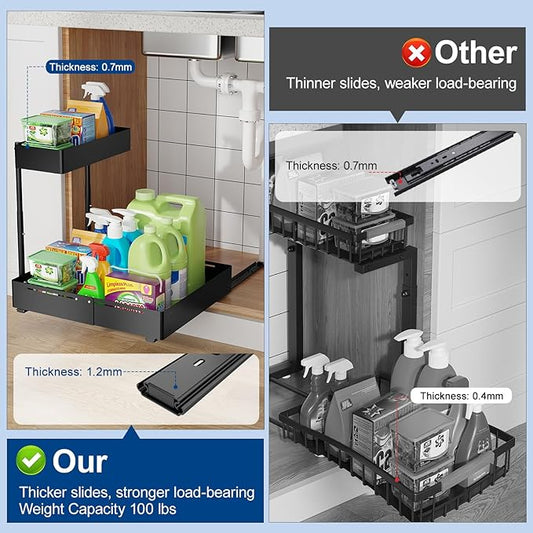 Insputer 2 Pack Under Sink Organizer Expandable Width 9.8"-15" & 2 Tier Under Sink Organizer with 3 Slide Rails, Under Cabine