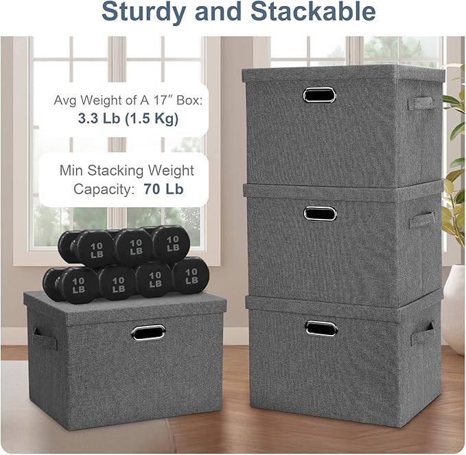 Graciadeco Large 17" 36 Quart Collapsible Stackable Storage Bins with Lids, 3 Packs Grey Linen Fabric Closet Boxes with Lids,