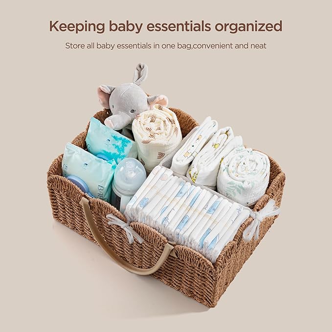 HBlife Baby Diaper Caddy, Paper Rope Storage Baskets Nursery Bin with Removable Divider, Portable Car Organizer for Diapers, 
