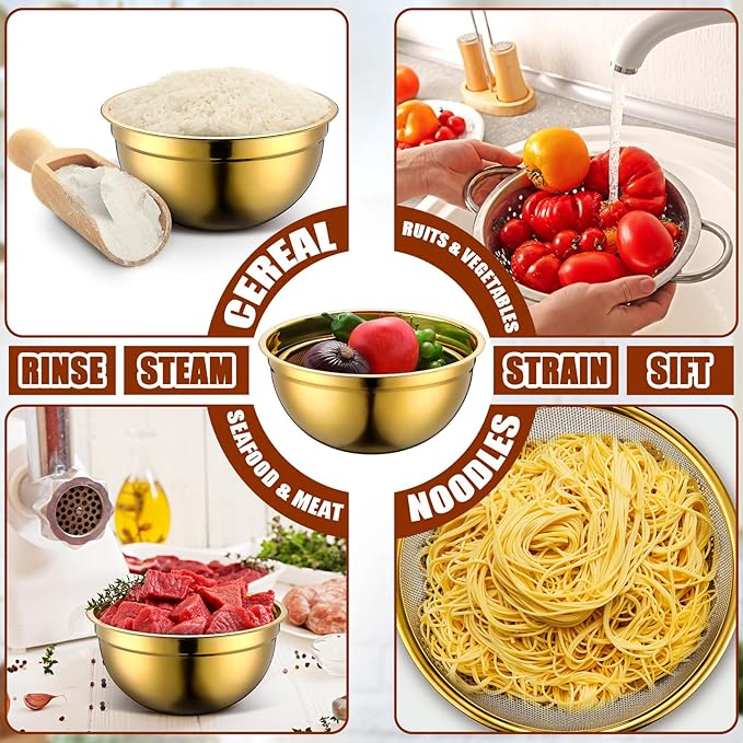 Teenyyou Gold Mixing Bowls with Airtight Lids Stainless Steel Mixing Bowl Set of 5, 4 Metal Nesting Organizers 4 in 1 Colander Non-slip Bottom Size 1.5, 2.0, 2.5, 4.0 Qt for Baking Serving Food