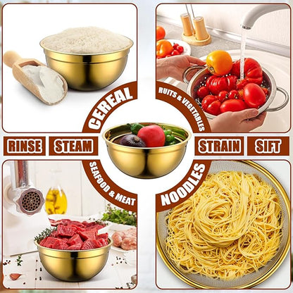 Teenyyou Gold Mixing Bowls with Airtight Lids Stainless Steel Mixing Bowl Set of 5, 4 Metal Nesting Organizers 4 in 1 Colander Non-slip Bottom Size 1.5, 2.0, 2.5, 4.0 Qt for Baking Serving Food