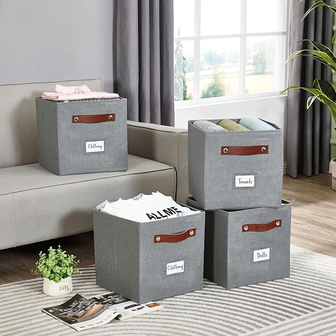 DECOMOMO Storage Bins, Cube Storage Bin with Labels, Fabric Storage Cubes for Shelves (11" / 6pcs, Texture Grey)