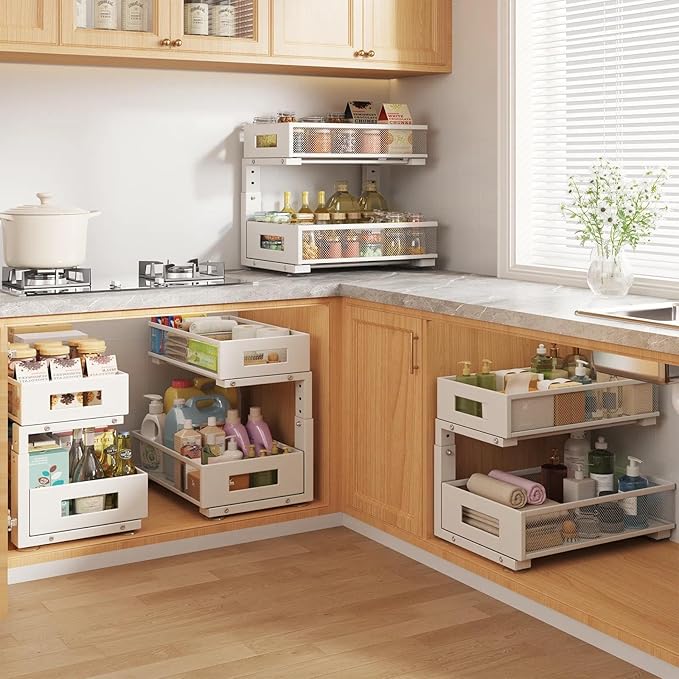 Under Sink Organizer, 2-Tier Dual Pull Out Cabinet Organizer Drawers With Smooth Circular Rail, Large Capacity Metal Mesh Sli