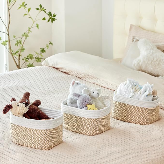 R RUNKA Small Cotton Rope Basket – Storage Bin for Organizing (10.6" x 6.7" x 6.7"), Bathroom Storage Basket for Shelf, Count