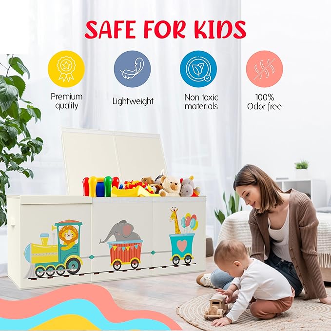 Extra Large Collapsible Sturdy Toy Storage Organizer with Lids, Animal Train Toy Box for Boys Girls, 40"x16"x16", Modern, Bei