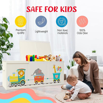 Extra Large Collapsible Sturdy Toy Storage Organizer with Lids, Animal Train Toy Box for Boys Girls, 40"x16"x16", Modern, Bei