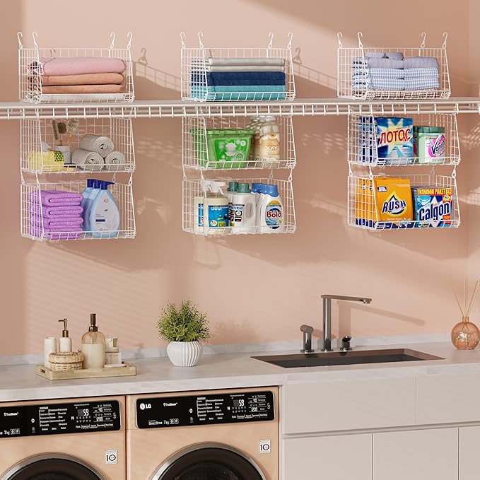 3-Tier Hanging Laundry Basket Organizer：Foldable Wire Shelf Laundry Room Organizer with 360°Rotating Hooks Small Space Soluti