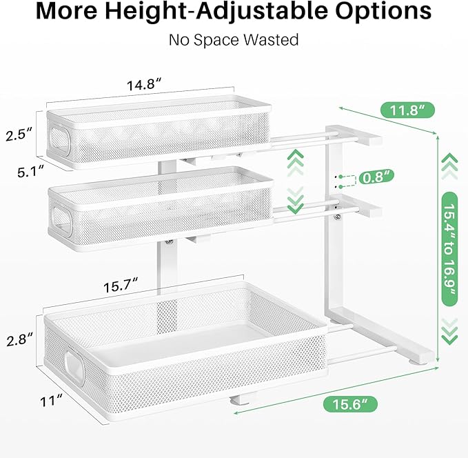Kitstorack Under Sink Organizer, 2-Pack 3-Tier Height Adjustable Thickened Metal Pull out Cabinet Organizer Shelf, Slide out 