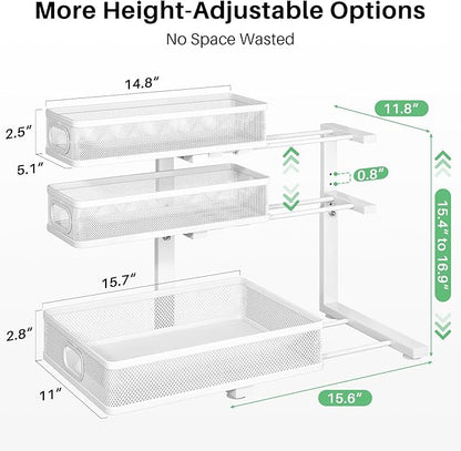 Kitstorack Under Sink Organizer, 2-Pack 3-Tier Height Adjustable Thickened Metal Pull out Cabinet Organizer Shelf, Slide out 