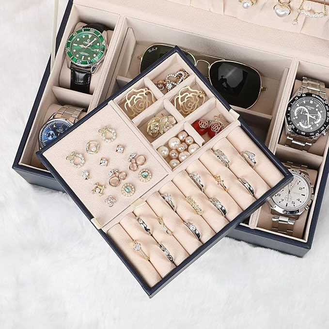 LANDICI Jewelry Box Organizer for Men Women, 2 Layer 4 Slot Watch Storage Case with Removable Tray, PU Leather Large Jeweller