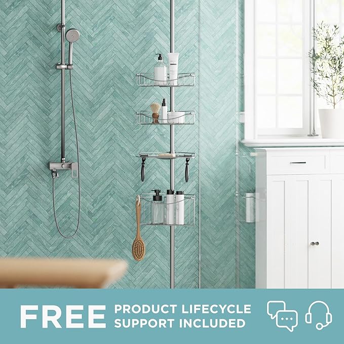 Zenna Home Tension Pole Shower Caddy Corner Organizer, Adjustable Standing Shower Caddy with 3 Shelves and Soap Tray, Rust Re