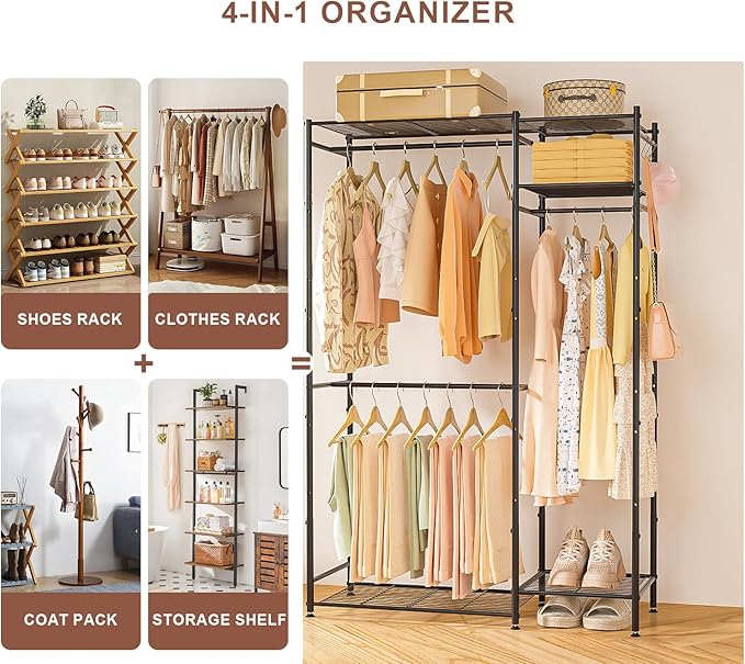 Neprock Portable Closets for Hanging Clothes, Freestanding Clothing Rack with 3 Hang Rods & 5 Shelves, Metal Wardrobe Garment