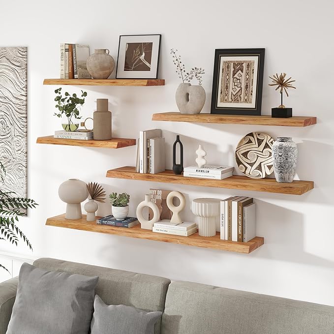 RICHFOCUS Live Edge Elm Floating Shelves - 40" W x 9.3" D Rustic Solid Wood Wall Shelves with Invisible Bracket, Wall-Mounted